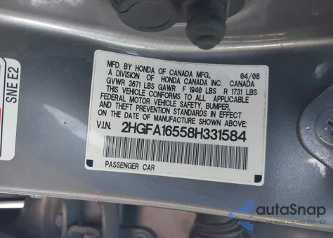 2008 Honda Civic Lx из США, поврежденный, VIN 2HGFA16558H331584